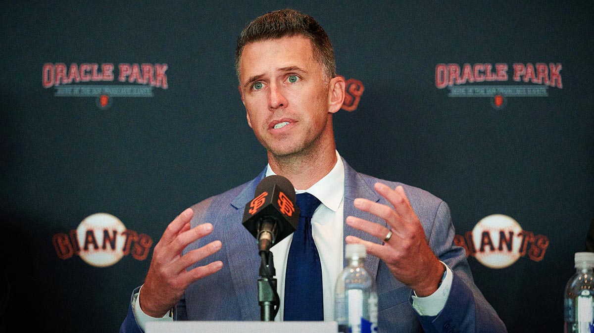 San Francisco Giants president of baseball operations Buster Posey addresses the media during an introductory press conference at Oracle Park.