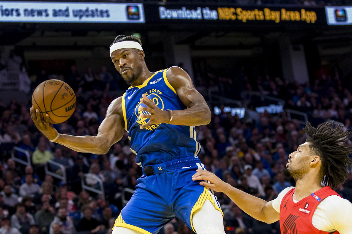 Golden State Warriors Next Jimmy Butler III (10) catches passage through Portland Trail Blazers Saedona Sharpe (17) during the second quarter in Chase Center.