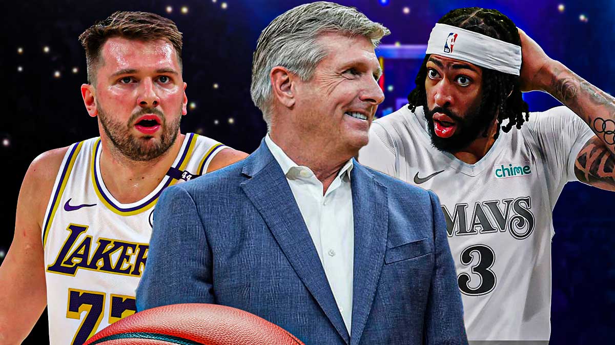 Los Angeles Lakers player Luka Doncic, Dallas Mavericks CEO Rick Wells, and Mavericks player Anthony Davis