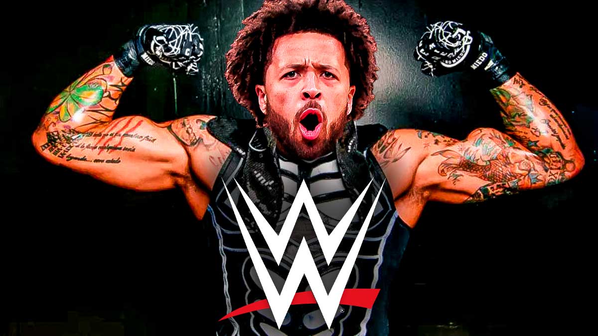 Cade Cunningham's head on Penta El Zero Meido's body in front of the WWE logo.