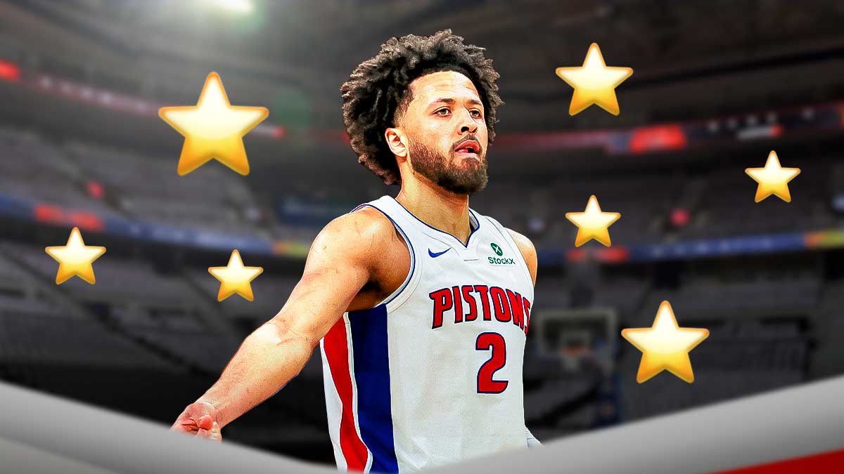 Pistons' Cade Cunningham with star emojis around him at Little Caesars Arena