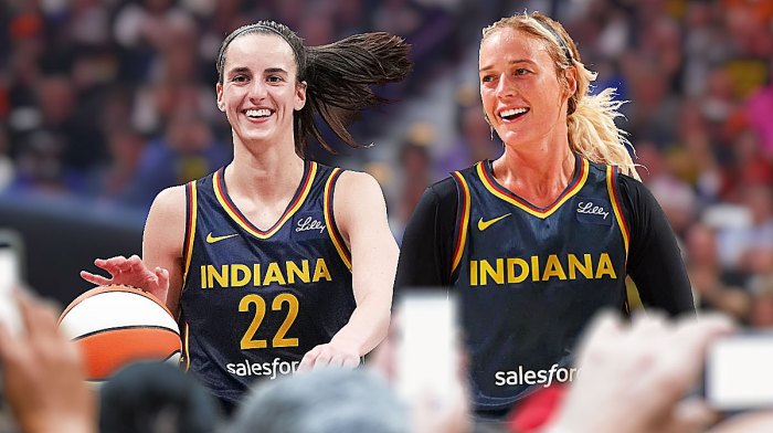 Fever players Sophie Cunningham and Caitlin Clark both with Indiana Fever jerseys on.