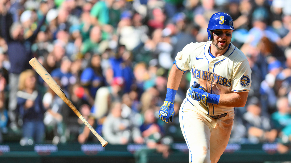 Seattle Mariners catcher Cal Raleigh (29) celebrates after hitting a 2-run home run against the Oakland Athletics during the fifth inning at T-Mobile Park.