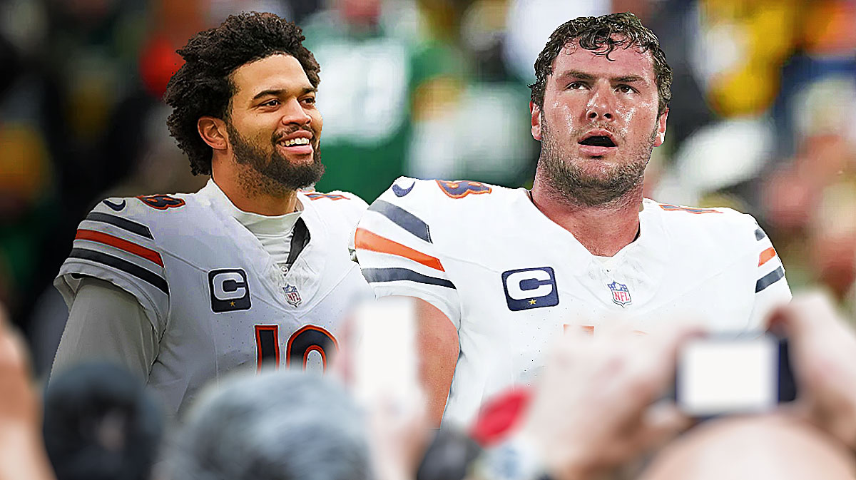 Chicago Bears quarterback Caleb Williams with recently signed free agent center Drew Dalman