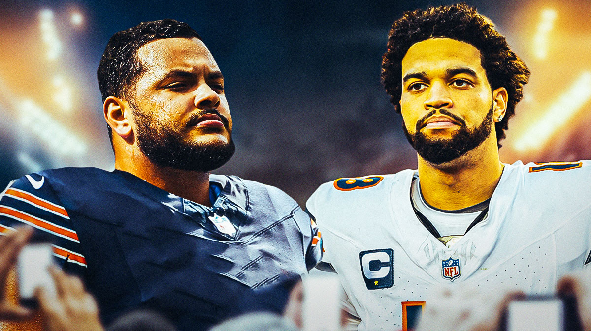 Jonah Jackson in a photoshopped Chicago Bears jersey standing next to Caleb Williams.