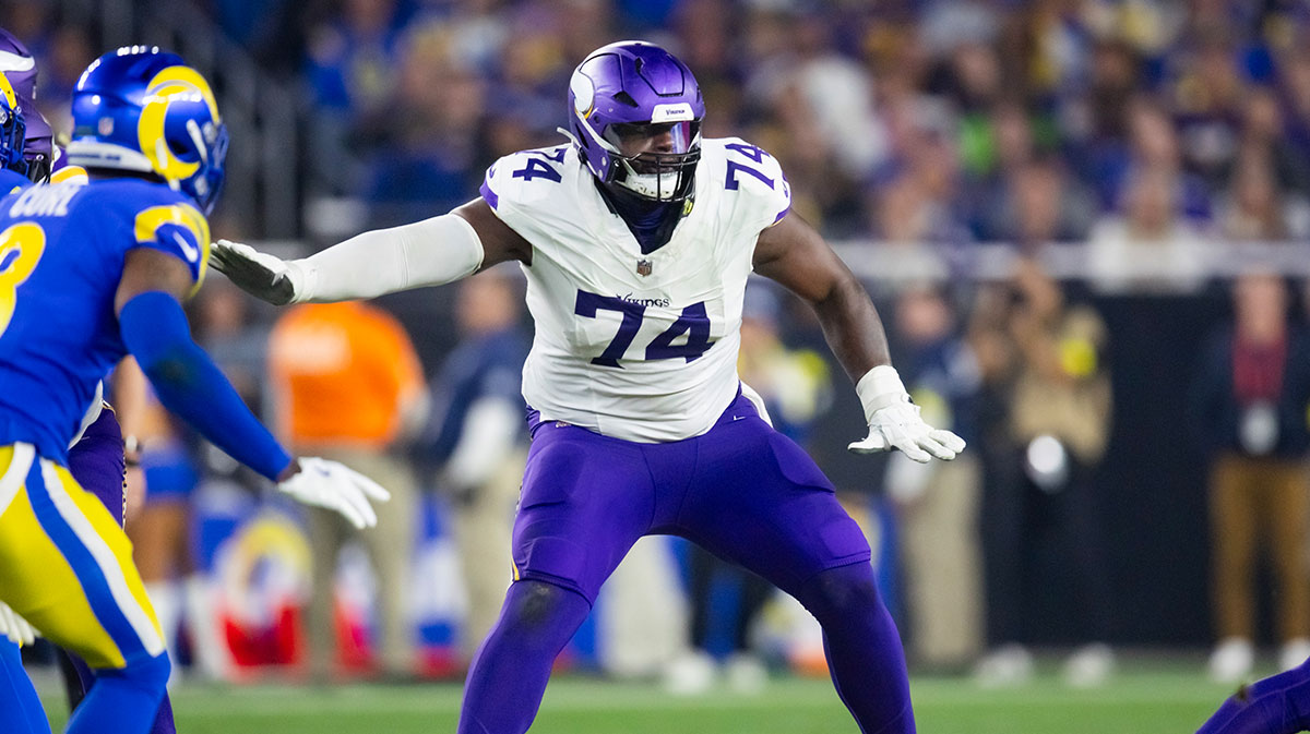 Jan 13, 2025; Glendale, AZ, USA; Minnesota Vikings tackle Cam Robinson (74) against the Los Angeles Rams during an NFC wild card game at State Farm Stadium.