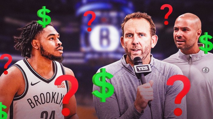 Cam Thomas on one side with Sean Marks and Jordi Fernandez on the other and dollar signs and question marks around them