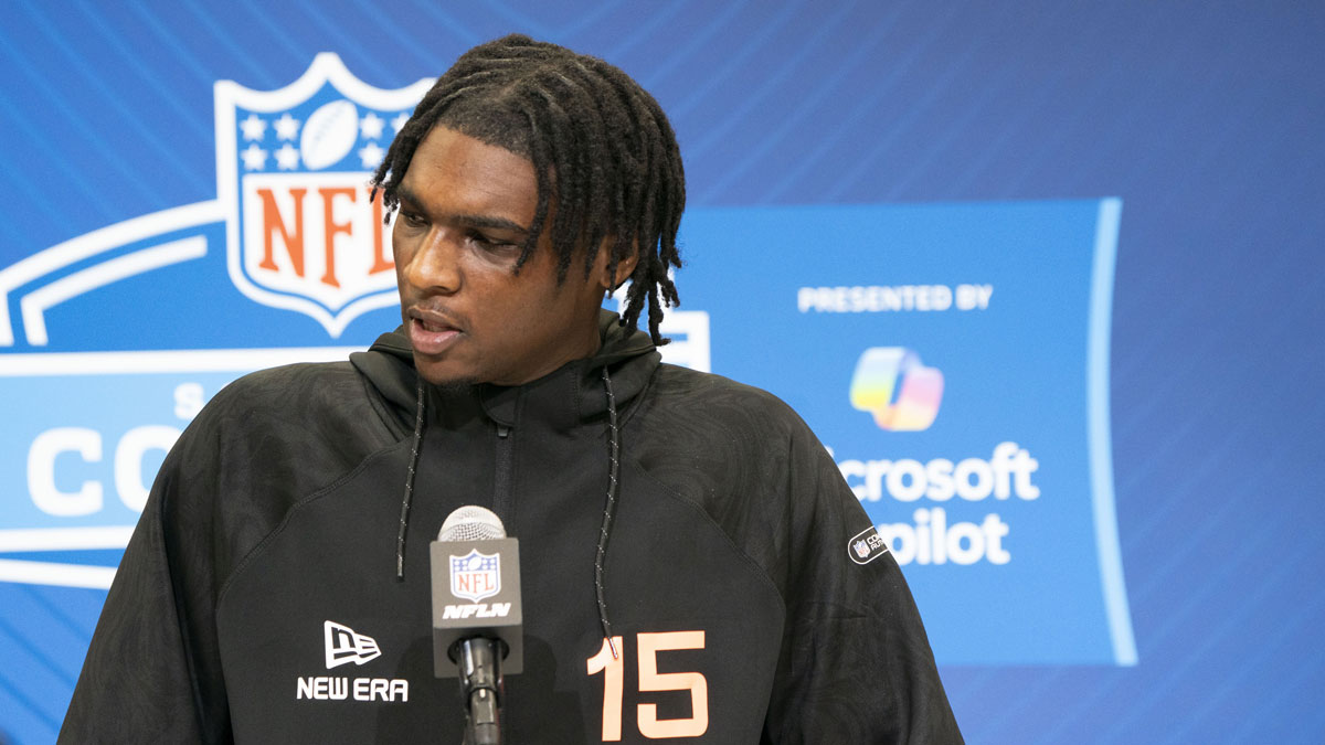 Feb 28, 2025; Indianapolis, IN, USA;Miami quarterback Cam Ward (QB15) talks to the press during the 2025 NFL Combine at Indiana Convention Center.