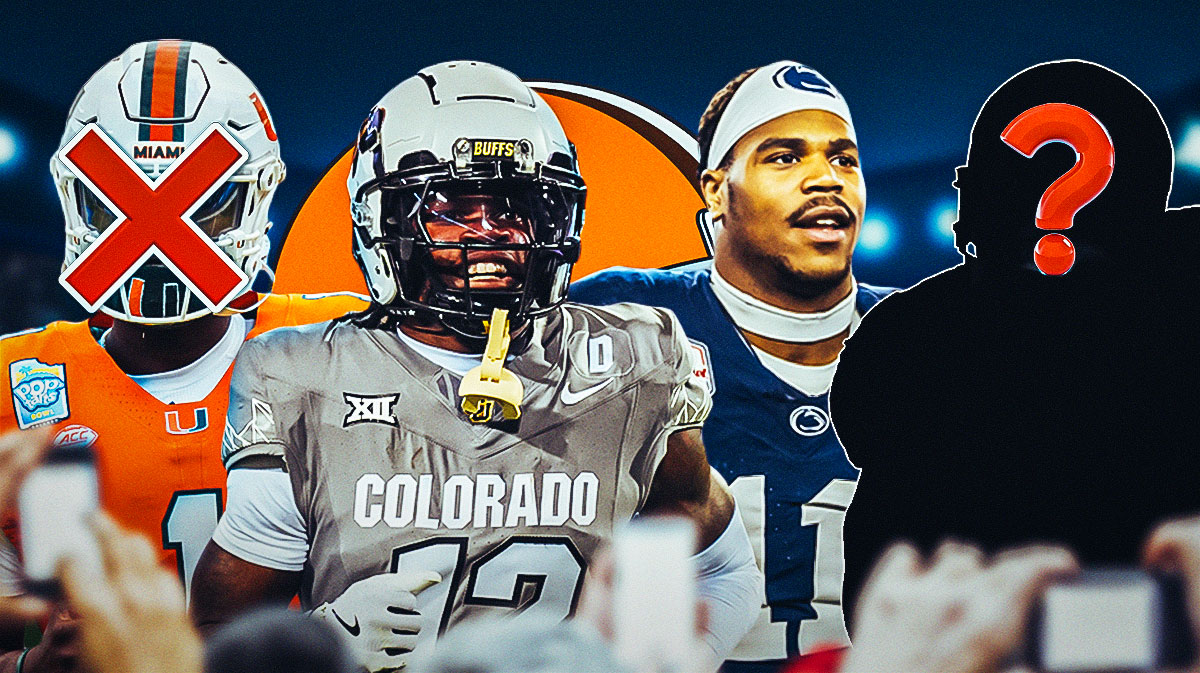Miami QB Cam Ward with a red X emojis over his face on the left side of the image. Colorado WR Travis Hunter, Penn State linebacker Abdul Carter, and a silhouette of an American football player with a big question mark emoji inside are all on the right side of the image. There is also a logo for the Cleveland Browns.