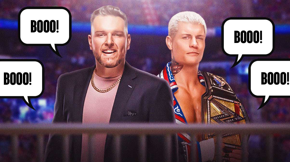 Cody Rhodes and Triple H in front of a WWE crowd with multiple "Booo!" text bubbles.