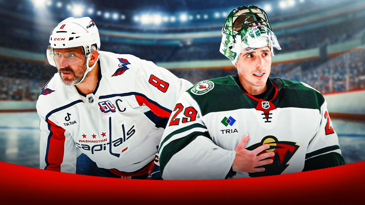 Alex Ovechkin and Marc-Andre Fleury in image looking happy, hockey rink in background
