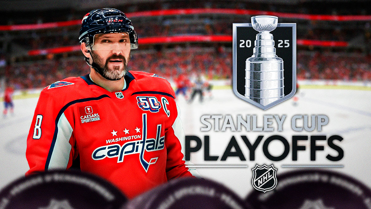 Alex Ovechkin next to Stanley Cup Playoff logo