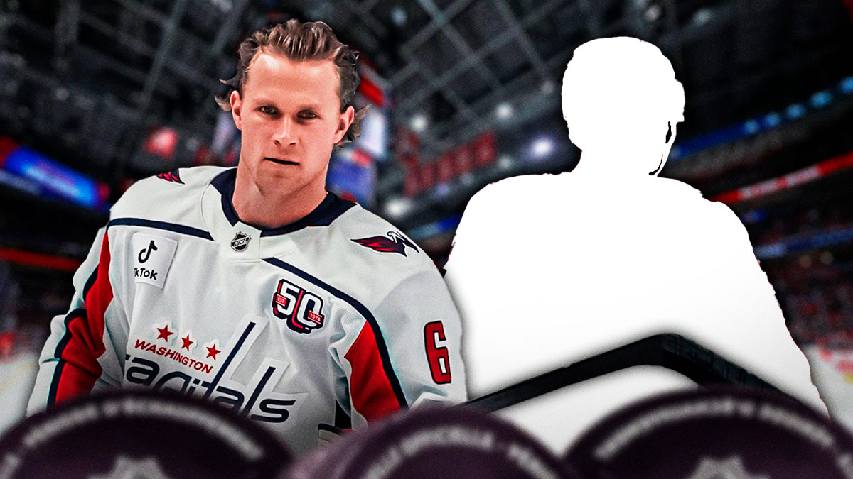 Jakob Chychrun in a Capitals uniform. Dylan McIlrath as a silhouette