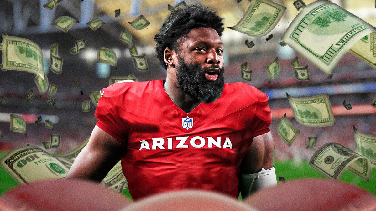 Free agent EDGE Josh Sweat in Arizona Cardinals (NFL) jersey. Money falling from the sky. State Farm Stadium background.
