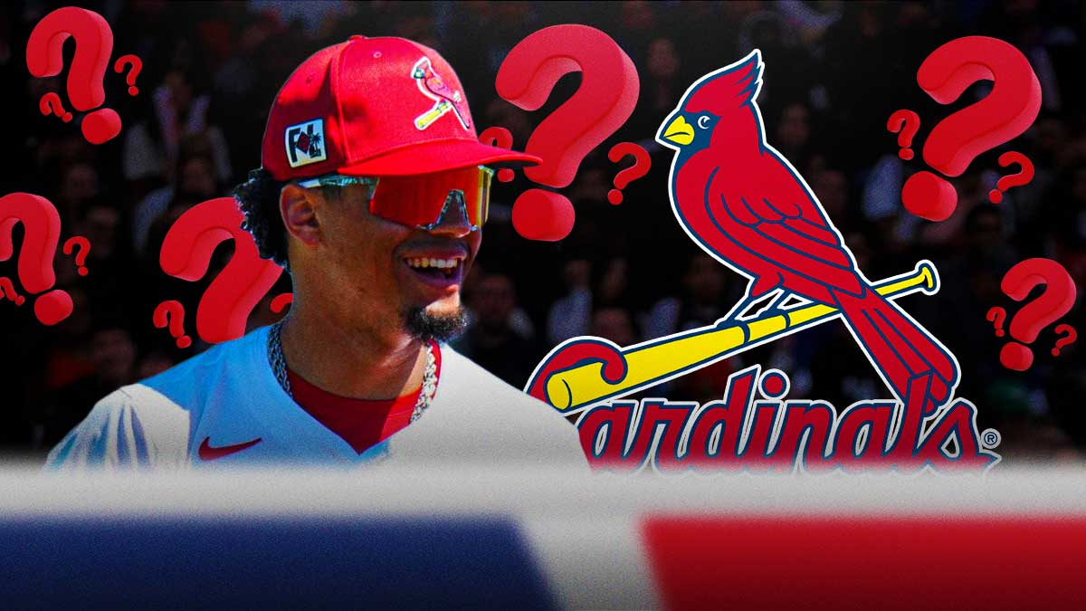 Masyn Winn playing baseball with the St. Louis Cardinals logo next to him. Surround Winn with red question marks