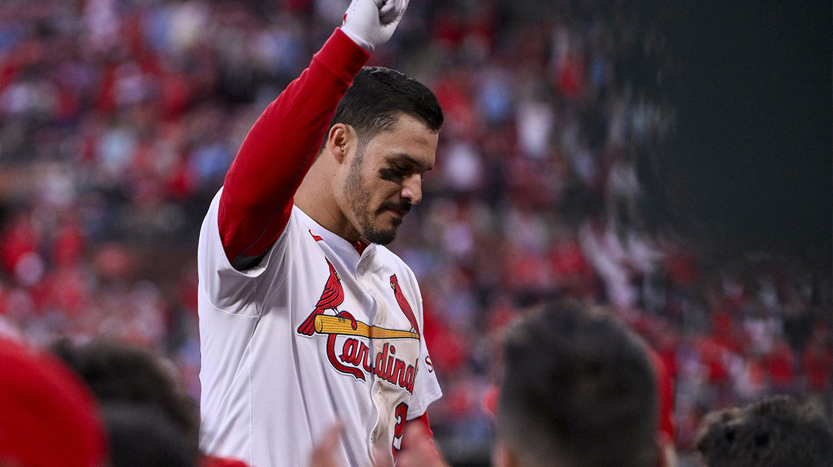 St. Louis Cardinals third baseman Nolan Arenado (28) reacts as he receives a curtain call after hitting a solo home run against the Minnesota Twins during the eighth inning at Busch Stadium.