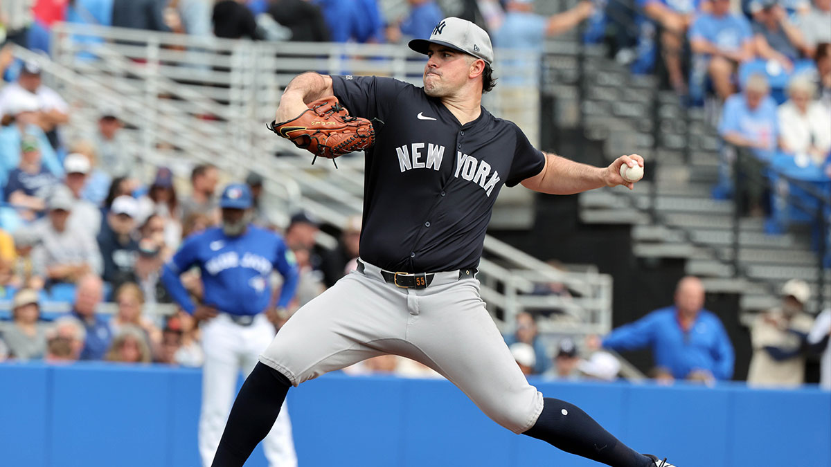 New York Yankees pitcher Carlos Rodon (55) throws a pitch against the Toronto Blue Jays during the first inning at TD Ballpark.