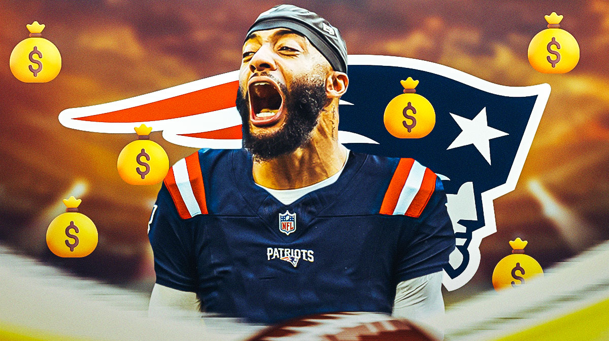Carlton Davis III in a Patriots jersey. He is surrounded by money bags emojis (💰). There is also a logo for the New England Patriots.
