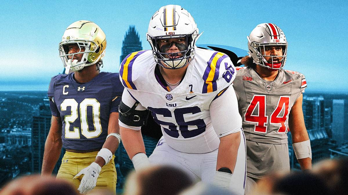 Will Campbell (LSU), JT Tuimoloau (Ohio State), Benjamin Morrison (Notre Dame) all beside each other, Carolina Panthers wallpaper in the background