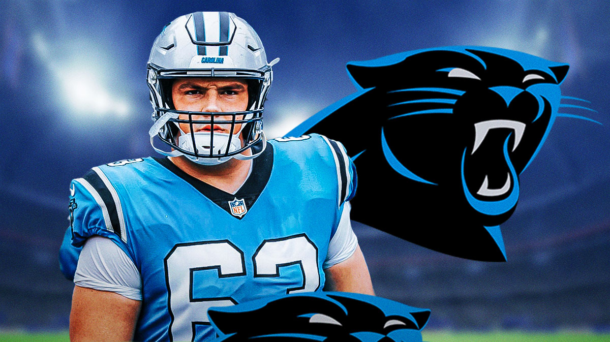 Panthers free agent Austin Corbett looking upset at reporter David Newton with Carolina Panthers logo