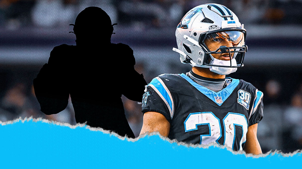 Chuba Hubbard in a Carolina Panthers uniform with big cartoon eyes looking at a silhouette of Rico Dowdle with a Panthers logo behind them as the panthers signed dowdle in free agency.