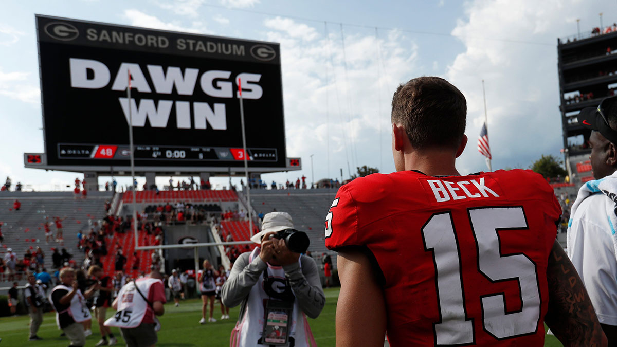 Georgia quarterback Carson Beck (15) heads to the locker room after a NCAA Aflac Kickoff game against Tennessee Tech in Athens, Ga., on Saturday, Sept. 7, 2024. Georgia won 48-3.