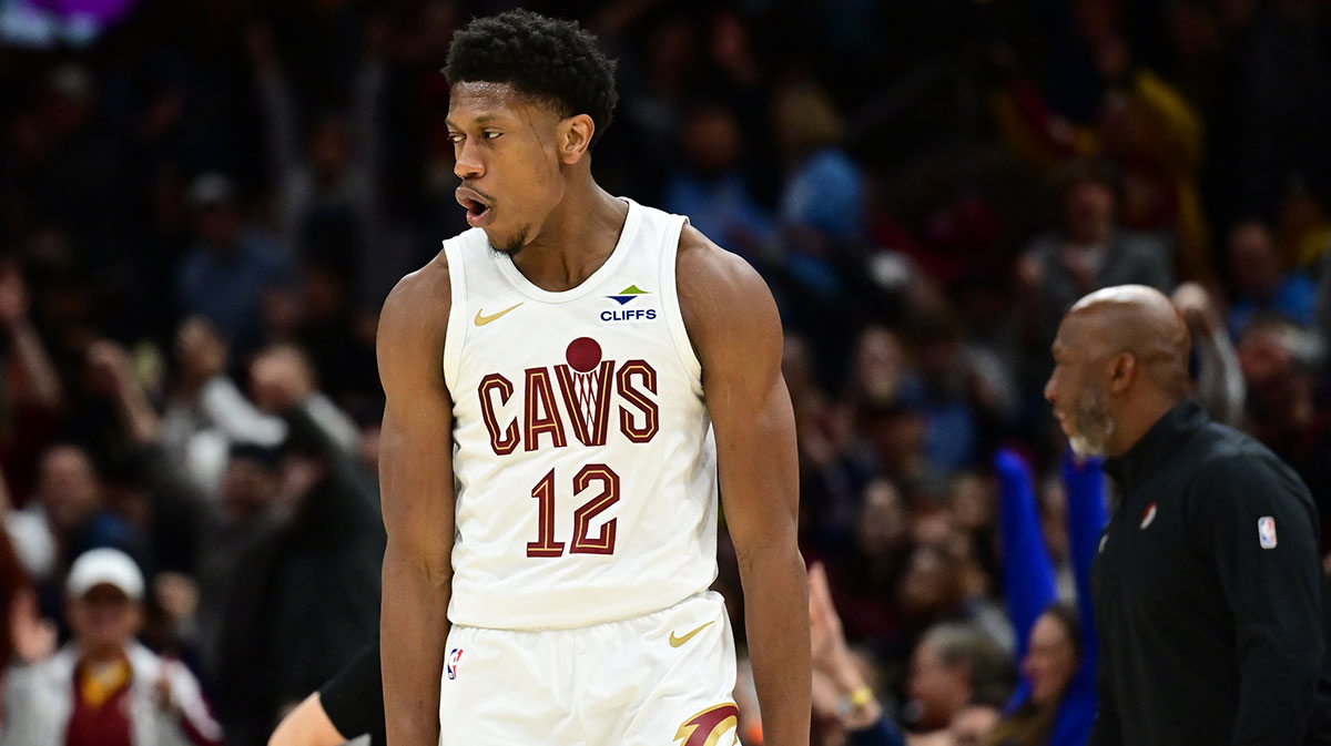 Cleveland Cavaliers forward De'Andre Hunter (12) celebrates after hitting a three point basket during the second half against the Portland Trail Blazers at Rocket Arena. 