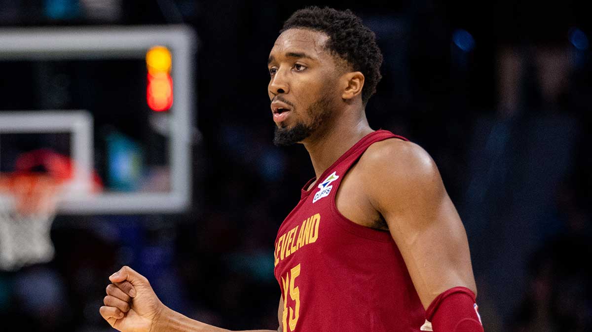 Cleveland Cavaliers guard Donovan Mitchell (45) celebrates during the fourth quarter against the Charlotte Hornets at Spectrum Center. 