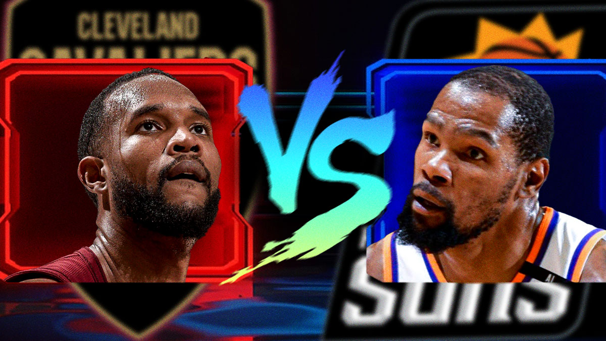 Evan Mobley and Kevin Durant standing side by side with a video game fighting game versus in between them featuring a Cavs-Suns bg.