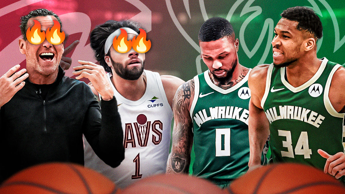 Max Strus and Kenny Atkinson (both with fire in their eyes) staring down Giannis and Dame featuring a Cavs-Bucks themed BG.