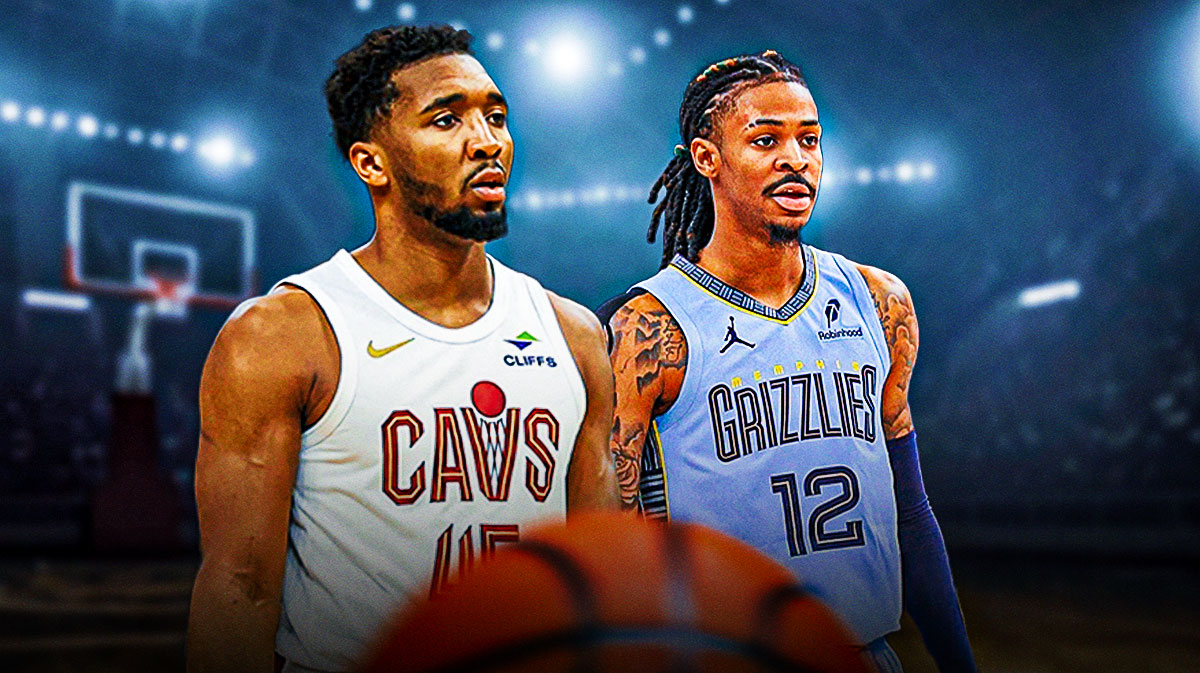 Donovan Mitchell standing next to Ja Morant featuring a Cavs-Grizzlies-themed BG.