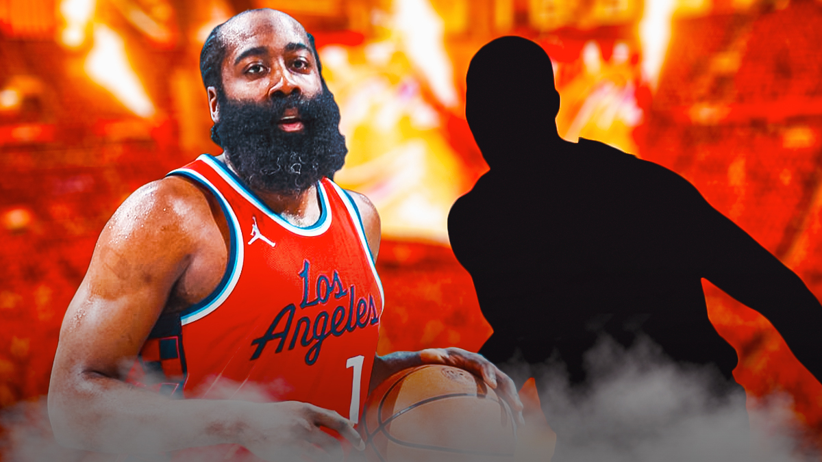 A silhouetted Cavs player standing next to James Harden surrounded by question marks.