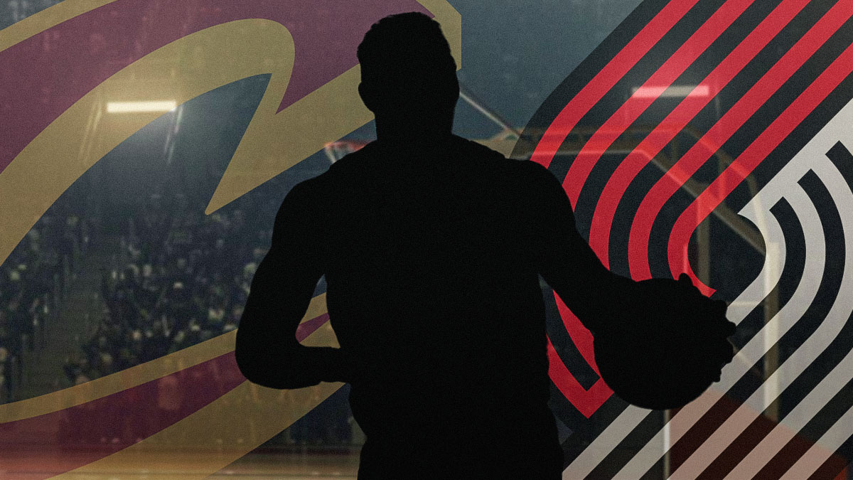 A silhouetted Cavs player with a Cavs-Trail Blazers themed BG behind him.