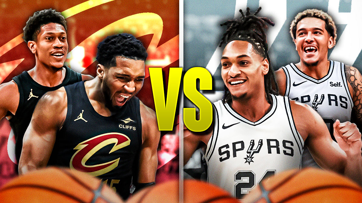 Donovan Mitchell and De'Andre Hunter staring down Devin Vassell and Jeremy Sochan with a video game "VERSUS" in between them featuring a Cavs and Spurs themed BG.