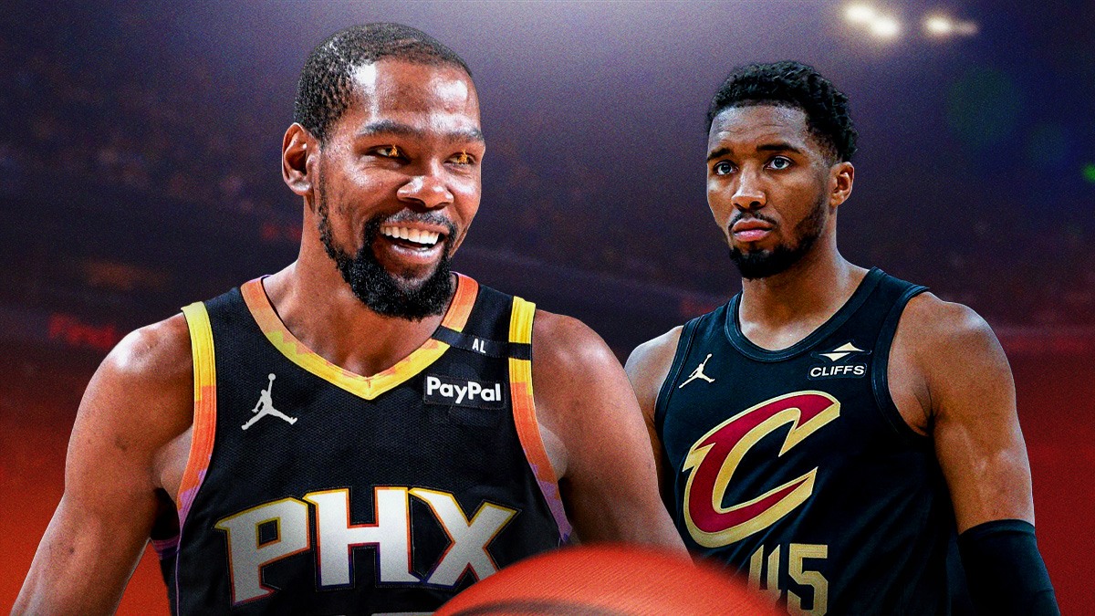 Donovan Mitchell (looking nervous) next to Kevin Durant (who has fire in his eyes) featuring a Cavs-Suns-themed BG.