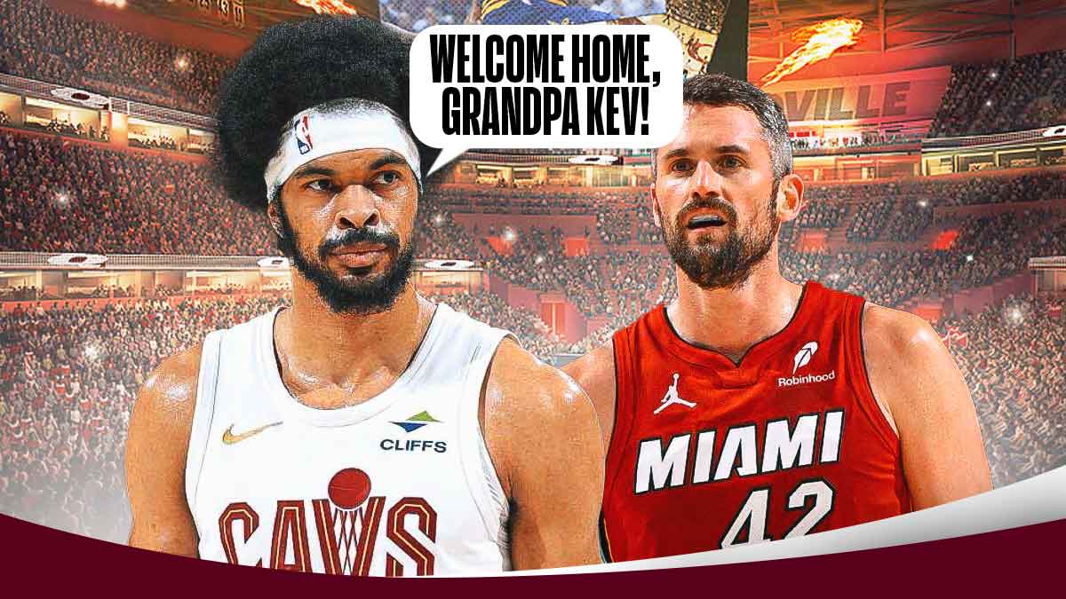 Jarrett Allen with a speech bubble saying "Welcome home, Grandpa Kev!" to Kevin Love featuring a Cavs-Heat-themed BG.