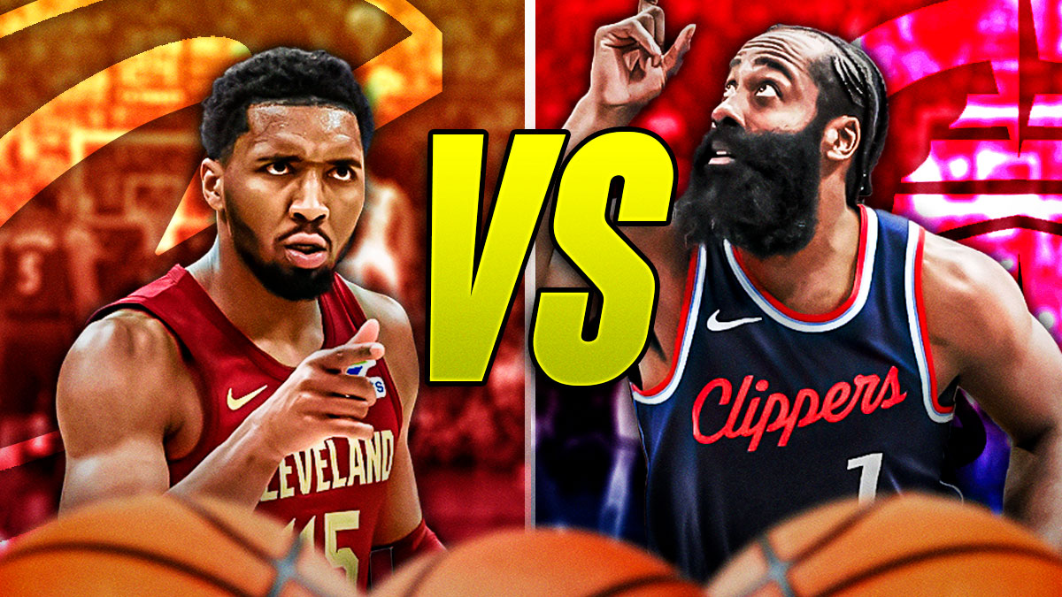 Donovan Mitchell and James Harden with a video game "VERSUS" in between them featuring a Cavs-Clippers-themed-BG.