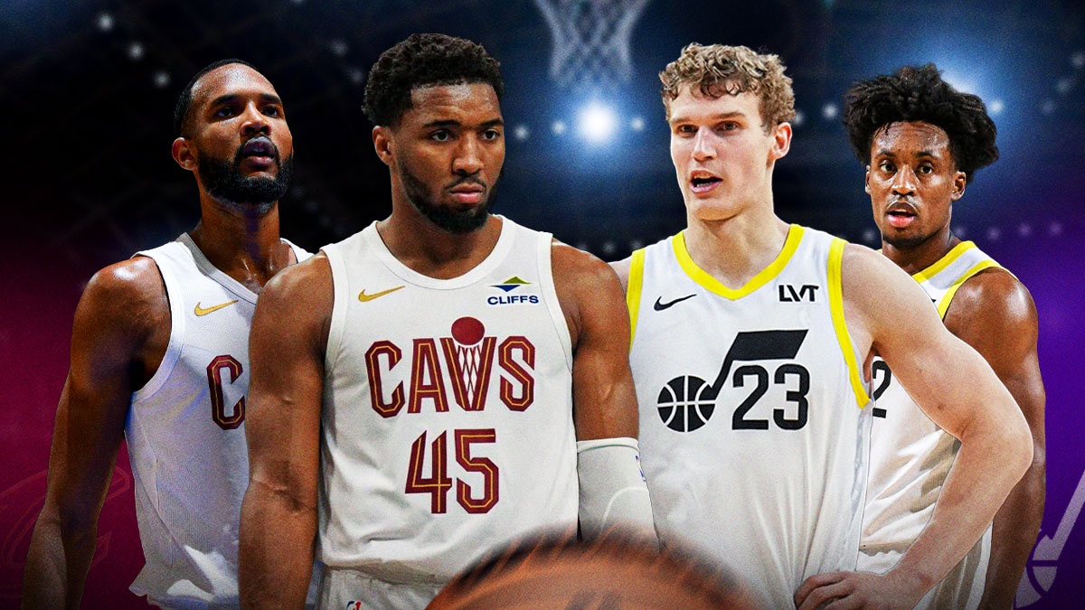 Donovan Mitchell and Evan Mobley standing next to Lauri Markkanen and Collin Sexton featuring a Cavs and Jazz themed BG.