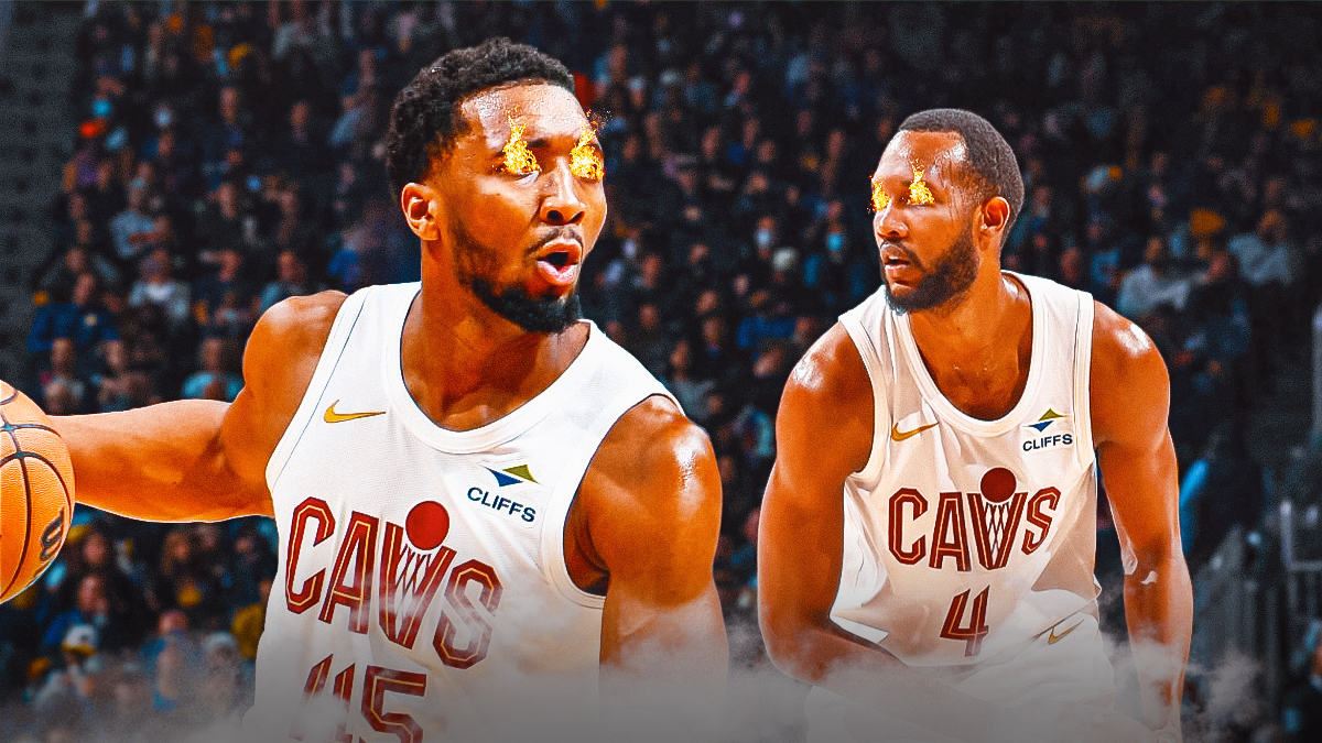 Donovan Mitchell and Evan Mobley (with fire in their eyes) featuring a Cavs-themed BG.
