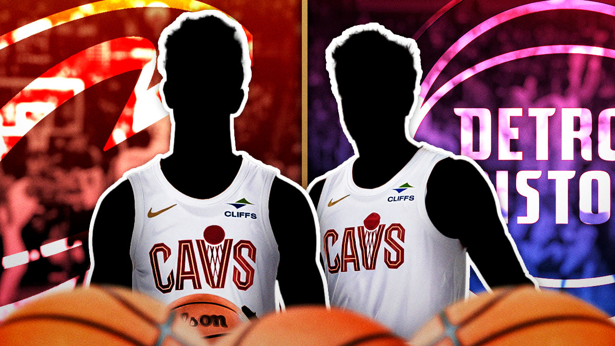 Two silhouetted Cavs players surrounded by question marks featuring a Cavs-Pistons-themed BG.