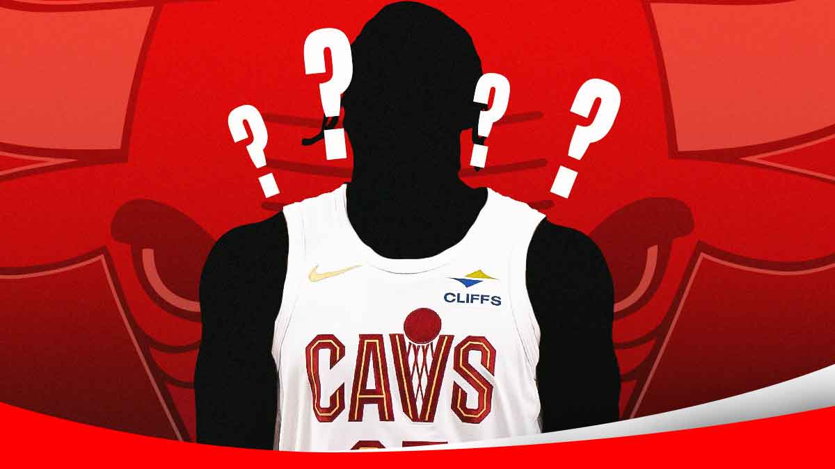 A silhouetted Cavs player surrounded by question marks featuring a Bulls-themed BG.