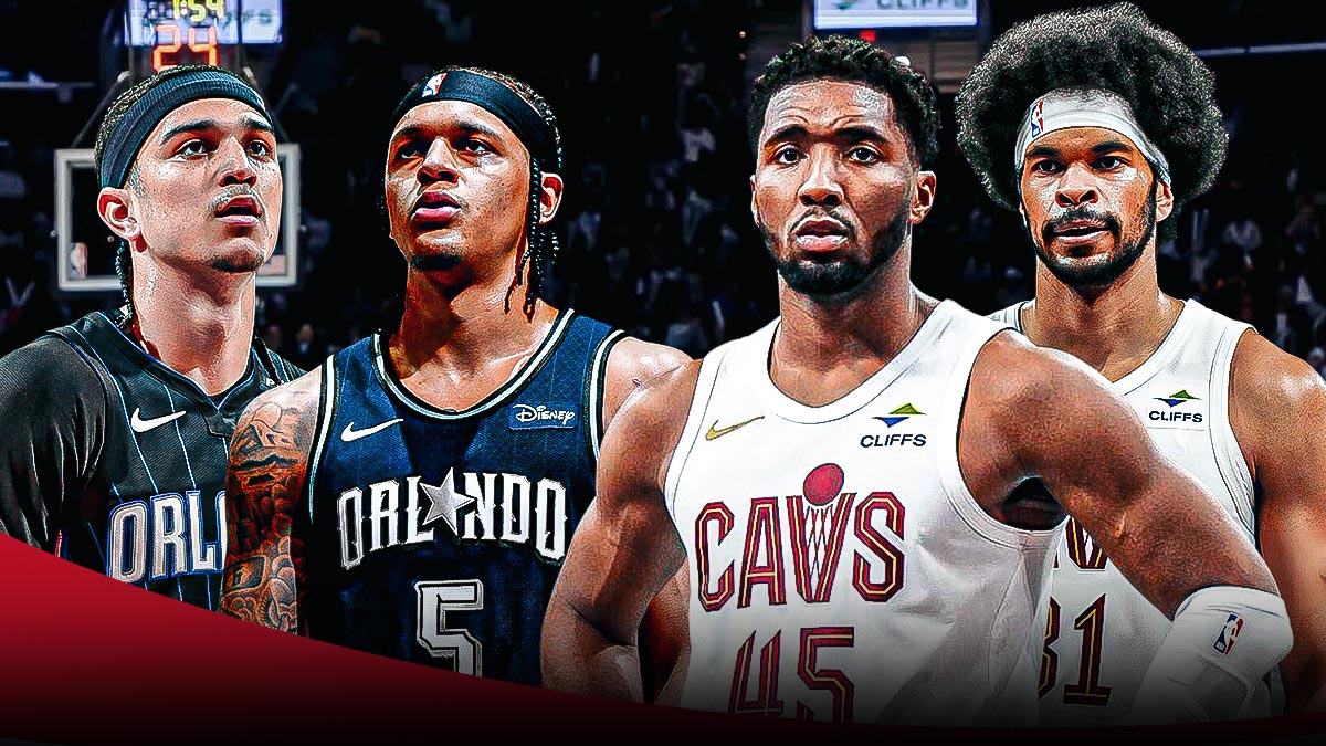 Donovan Mitchel and Jarrett Allen staring down Paolo Banchero and Anthony Black featuring a Cavs-Magic-themed BG.