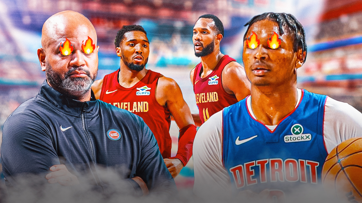 J.B. Bickerstaff and Ausar Thompson (both with fire in their eyes) bookended by Donovan Mitchell and Evan Mobley featuring a Cavs-Pistons-themed BG.