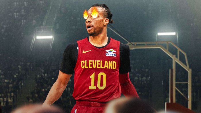 Darius Garland (with fire in his eyes) featuring a Mr. Fourth Quarter/Cavs-themed BG.