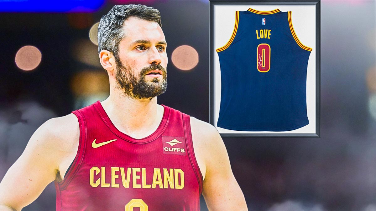 Numerous highlight images as Kevin Love in his Cavs tenure (especially as an NBA Champion) with his No. 0 jersey hanging in the rafters of Rocket Arena, Cleveland's home arena.