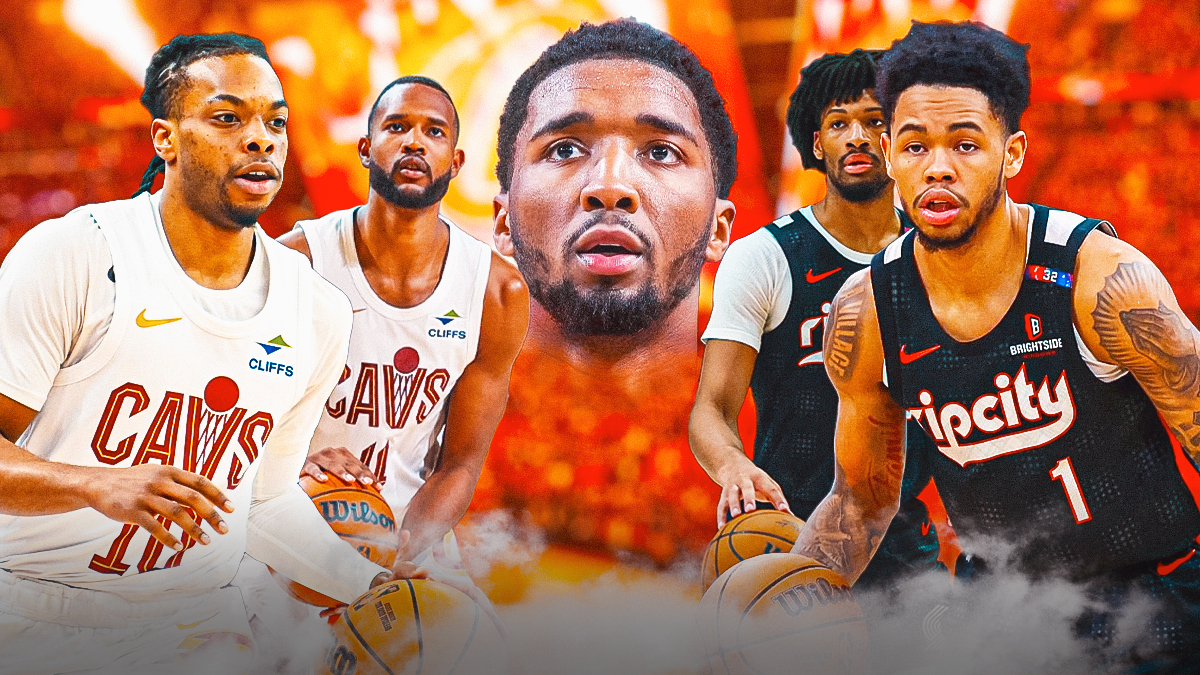 Darius Garland and Evan Mobley standing next to Anfernee Simons and Shaedon Sharpe with a faded Donovan Mitchell in the background featuring a Cavs-Trail Blazers-themed BG.