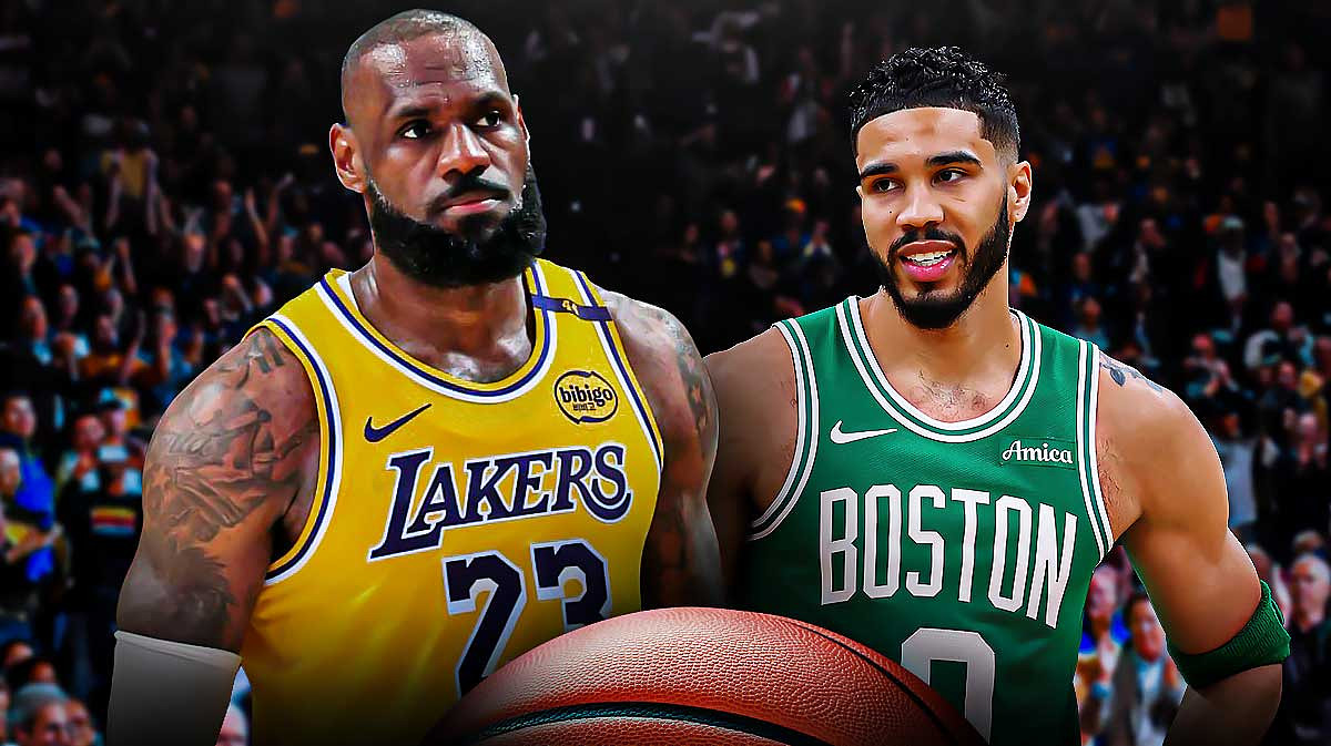 image idea: Jayson Tatum and LeBron James next to each other on a Boston city background. They can be looking somewhat happy next each other or just somewhat serious. The story is about Tatum complimenting LeBron.