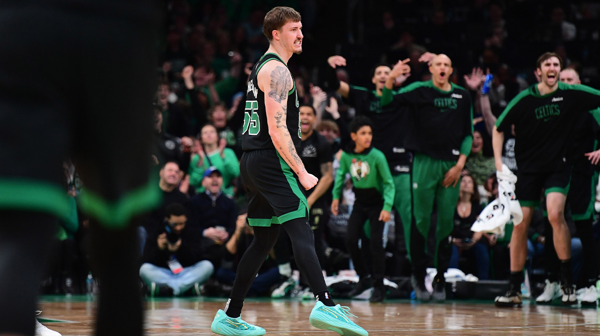 Celtics forward Baylor Scheierman (55) reacts after making a three