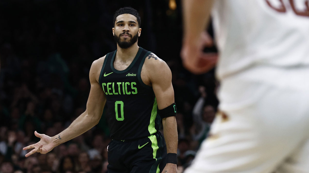 Boston Celtics forward Jayson Tatum (0) after making a three point basket against the Cleveland Cavaliers during the second quarter at TD Garden