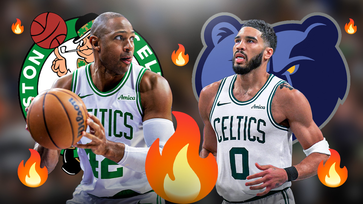 Jayson Tatum and Al Horford, Boston Celtics and Memphis Grizzlies logos, fire symbols
